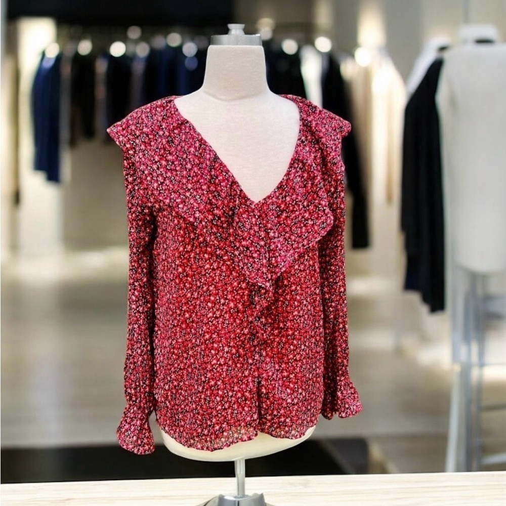 NWT - LOFT - Floral Ruffle V-Neck Blouse - Red
